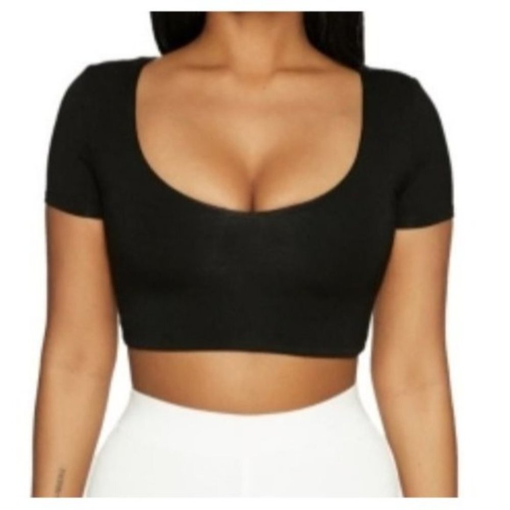 Naked Wardrobe Black Short Sleeve Scoop Neck Cropped Top